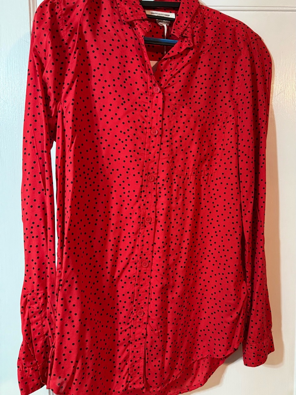 beachlunchlounge Red Button-Down Shirt with Black Polka Dots